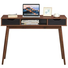 Stylish Computer Desk Workstation with 2 Drawers and Solid Wood Legs (Color: Walnut)