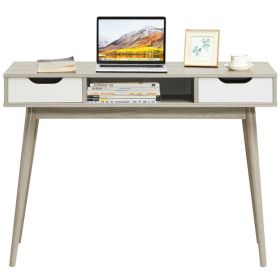 Stylish Computer Desk Workstation with 2 Drawers and Solid Wood Legs (Color: Oak)